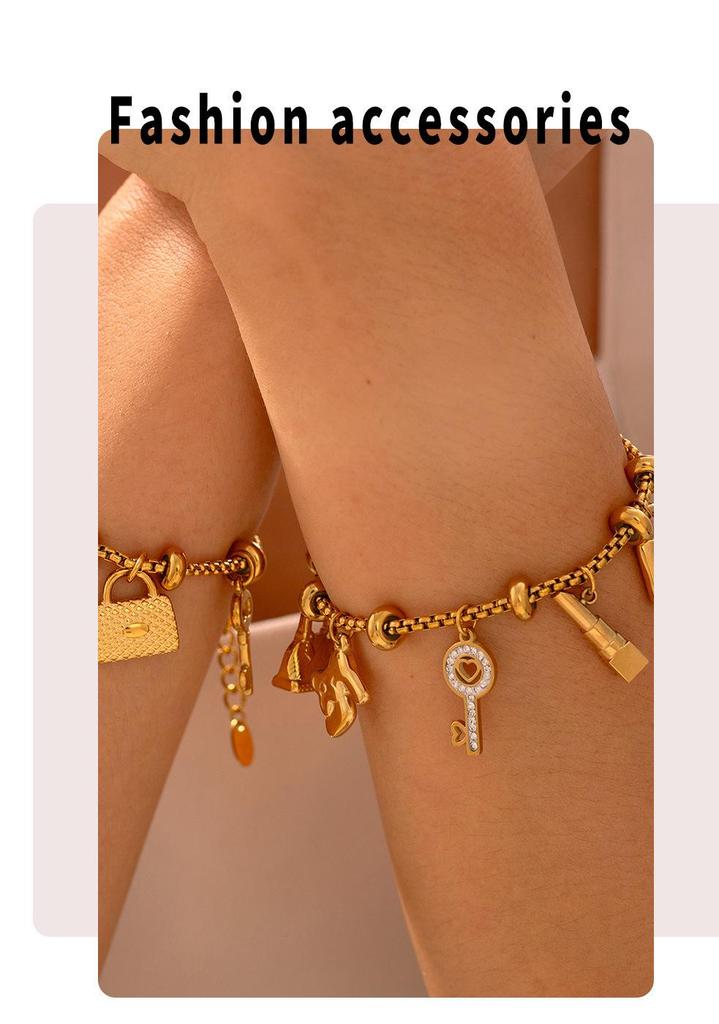 Trendy European & American Multi-Element Rhinestone Pendant Bracelet, Adjustable Retro 18K Gold-Plated Titanium Steel Jewelry