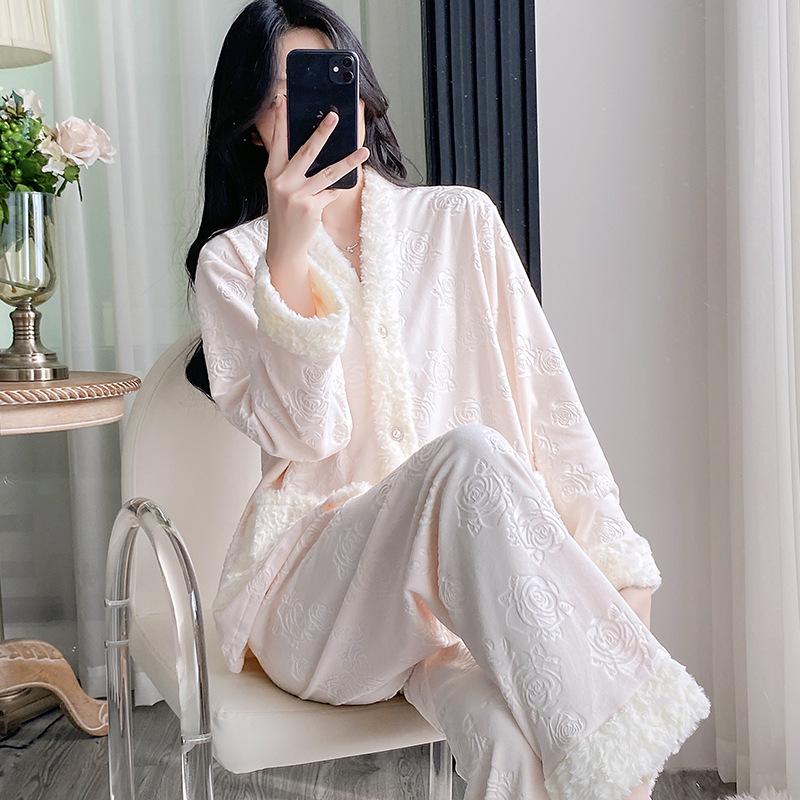 

Женский уютный флисовый кардиган и пижамный комплект - С длинными рукавами и брюками для осени/зимы Medium