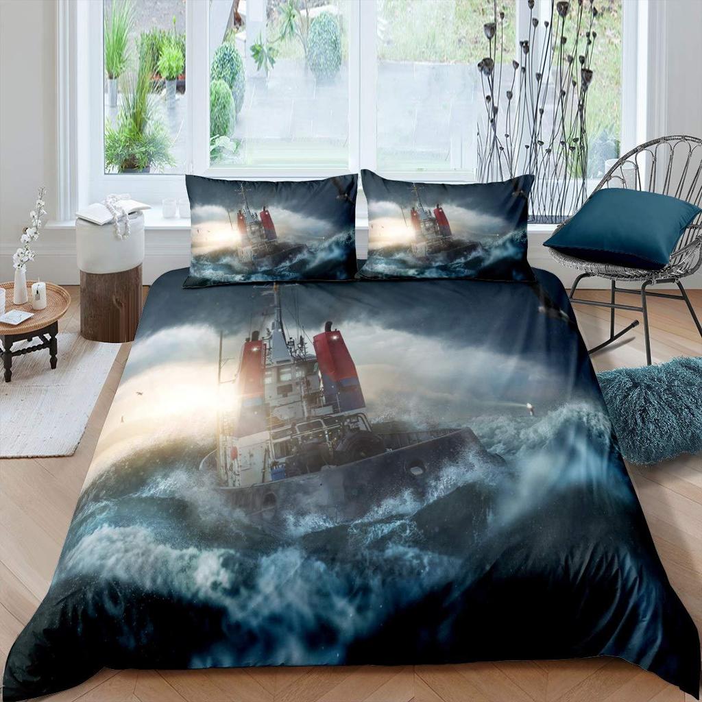 Pirate Duvet Cover Set Queen Sailboat Comforter Set Nautical Ocean Bedding Set Cool Style Quilt Cover Wave Print Decor Bedspread