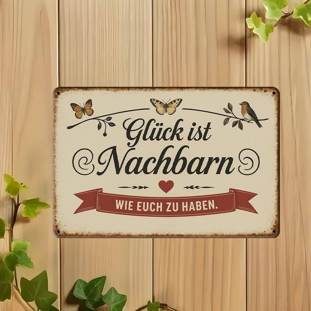 "Glück ist Nachbarn" Metal Sign - 20.32x30.48cm German Friendship Quote with Nature Illustrations