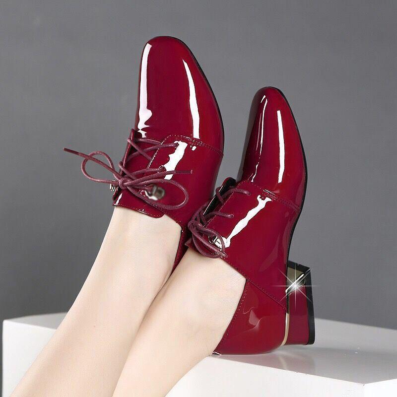 Women Cute  Black Patent Leather Lace Up Square Heel Shoes  De  Lady Classic Red Autumn Shoes