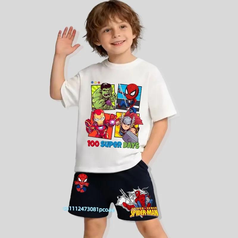 Boys  Summer Cartoon Spider-Man Short-Sleeve T-Shirt and Shorts Two-Piece Casual Sports Outfit 100