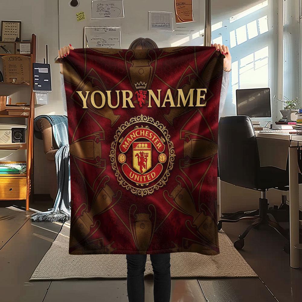 Custom Name,Manchester United FC Printed Flannel Blanket, Soft Throw for Bedroom Sofa, Washable, Christmas Present, Great Gift.