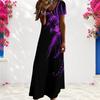 Women Plus Size V Neck Short Sleeve Printed Black Long Maxi Dress