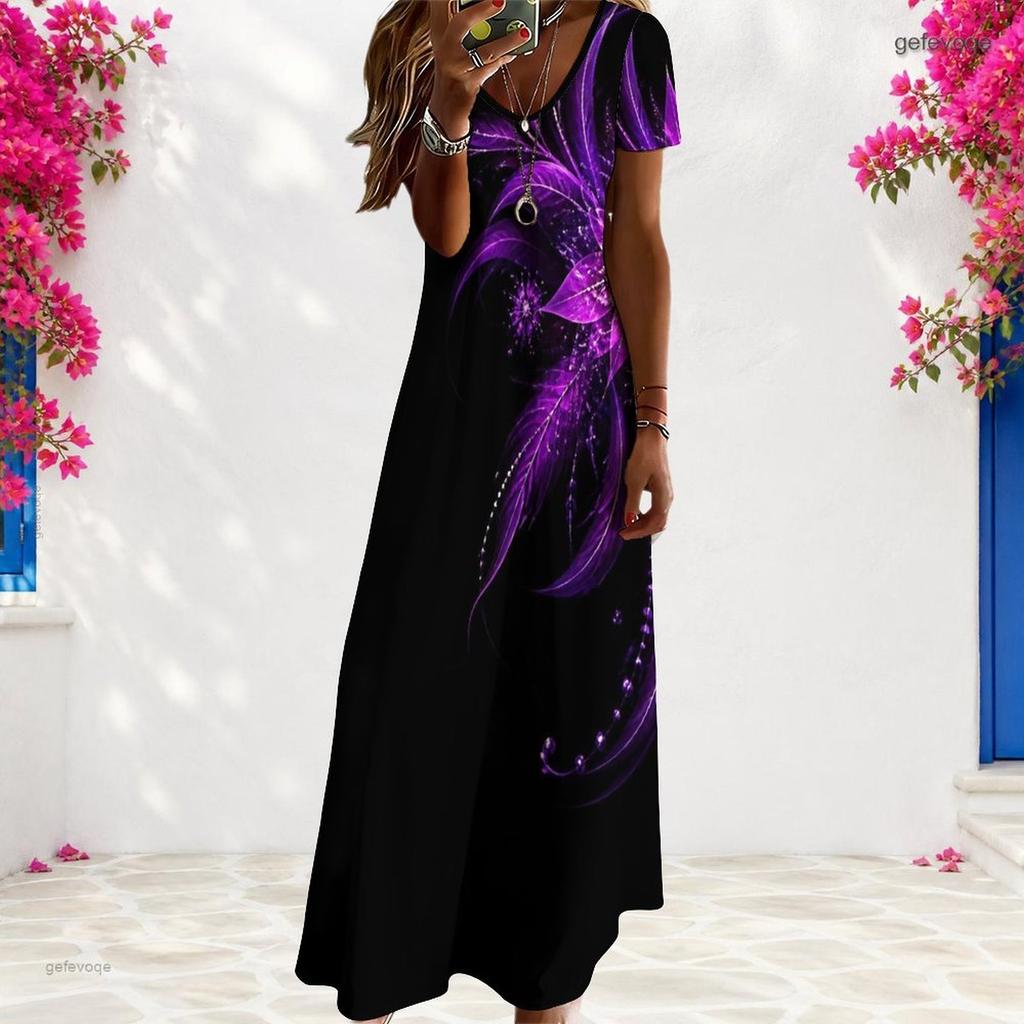 Women Plus Size V Neck Short Sleeve Printed Black Long Maxi Dress