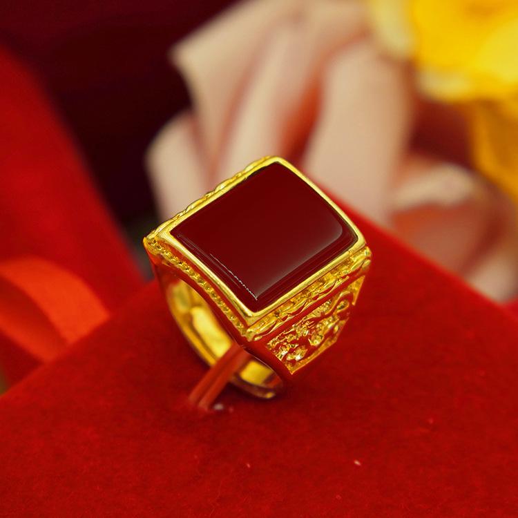 Men's Gold-Plated Brass Ring with Obsidian Sand and Agate