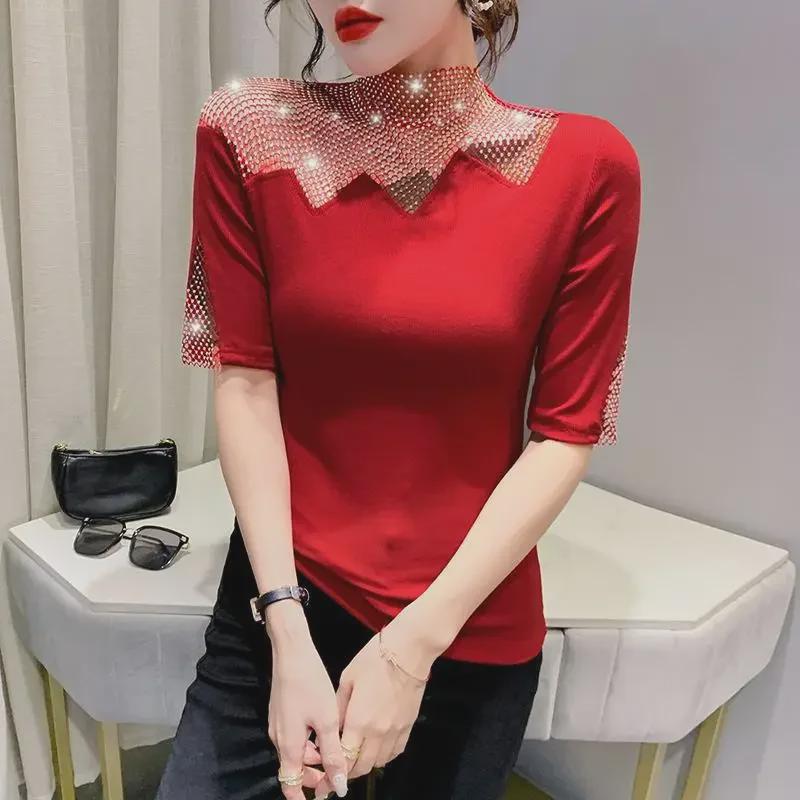 2026 Spring European Style Women's Short Sleeve T-shirt with Hot Drilling and Hollow Out Design