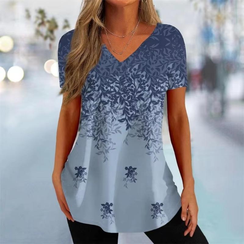 3D Printing Vintage T Shirt Women Summer V-Neck Pullover Short Sleeve Ladies Clothing Simple Black Women's T-Shirt Streetwear