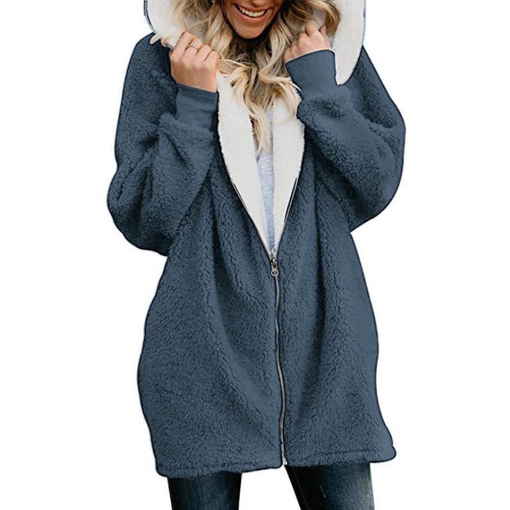 Fashion Solid Color Long-sleeved Hooded Knit Cardigan Jacket Winter Warm Zipper Coat