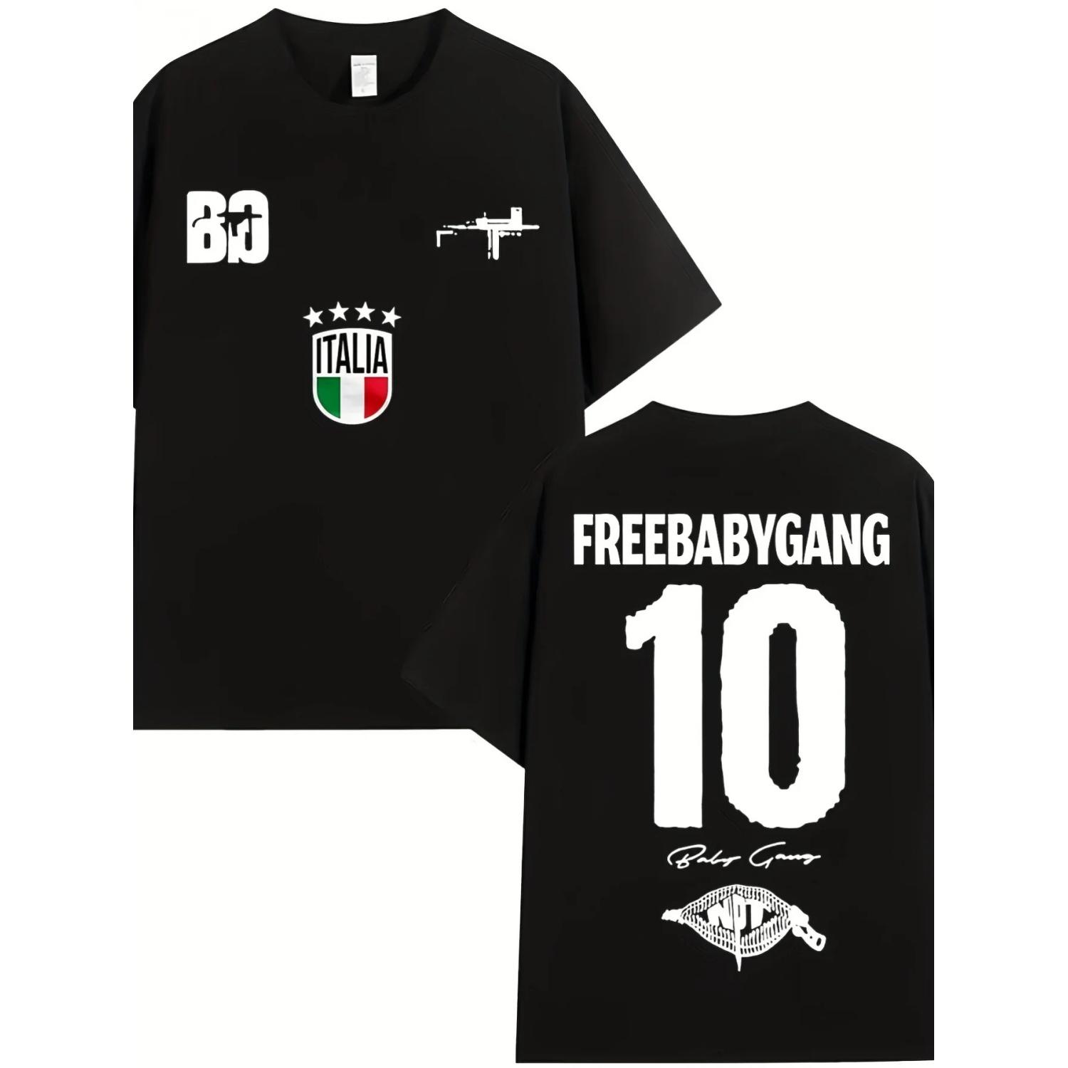 Rap Gang Album Merchandise T-shirt - Number 10 Jersey with Italian Logo and Gang Pattern, Collectible Rap Music T-shirt S чёрный