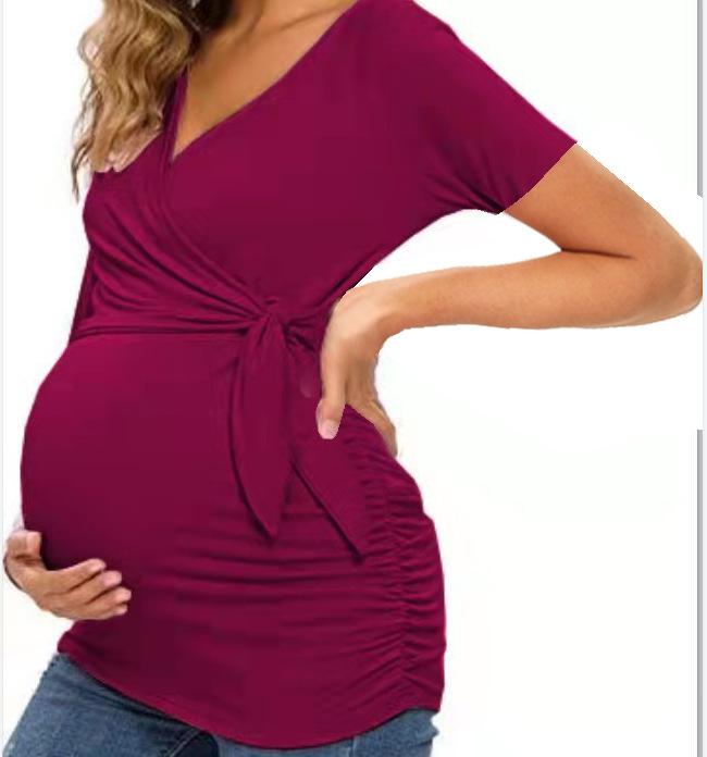 European and American trends Bao Ma cross V-neck breastfeeding T-shirt maternity top spot loose type