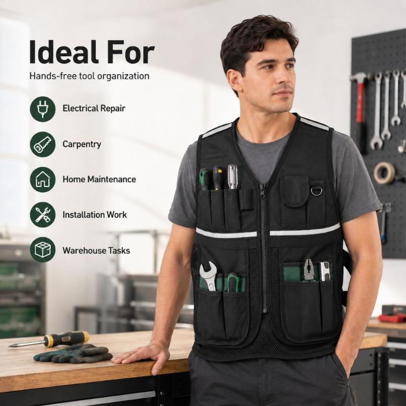 Multi-Pocket Utility Vest With Reflective Trim and Adjustable Side Bands for Keeping Common Work Items Close During Maintenance and Installation Tasks