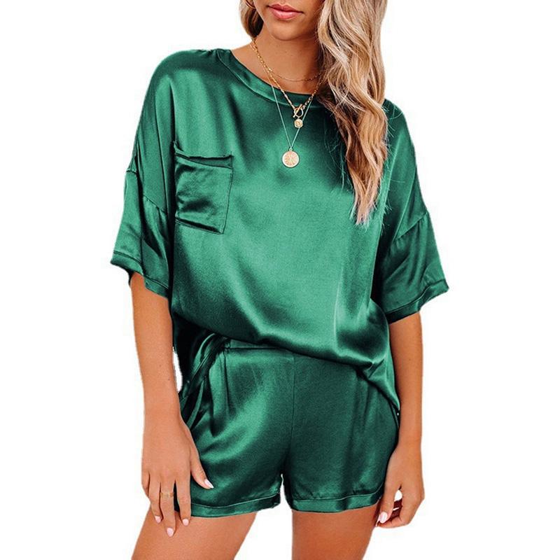 Women's Clothing Solid Color Imitation Silk Pajamas Short-Sleeved Shorts Irregular Two-Piece Suit Solid Color Homewear Set