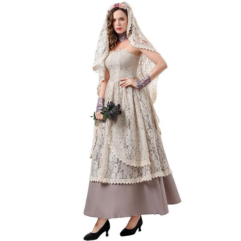 New Halloween Costume Lace Dress Robe Headscarf Ghost Bride Show Costume Tube Top