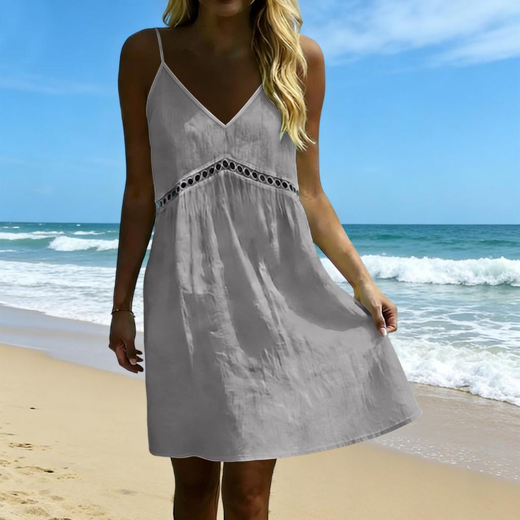 Women's Casual Spaghetti Strap V Neck Hollow Out Dress Summer Lightweight Loose Fit Sleeveless Mini Dress for Outdoor Daily Wear