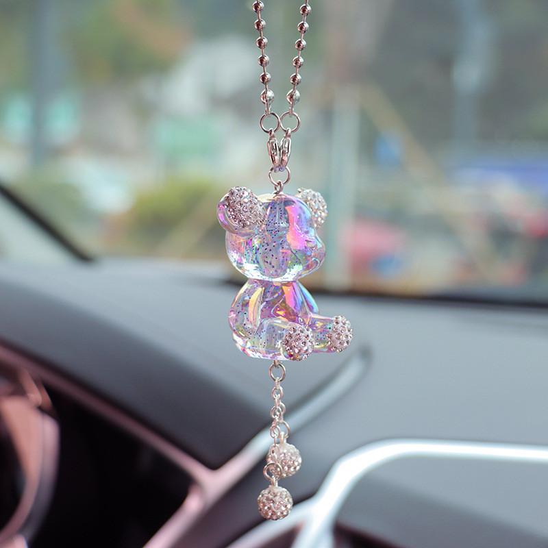 Cute Cartoon Teddy Bear Car Mirror Hanging Ornament Purple Clay Car Pendant With Plastic Rhinestones