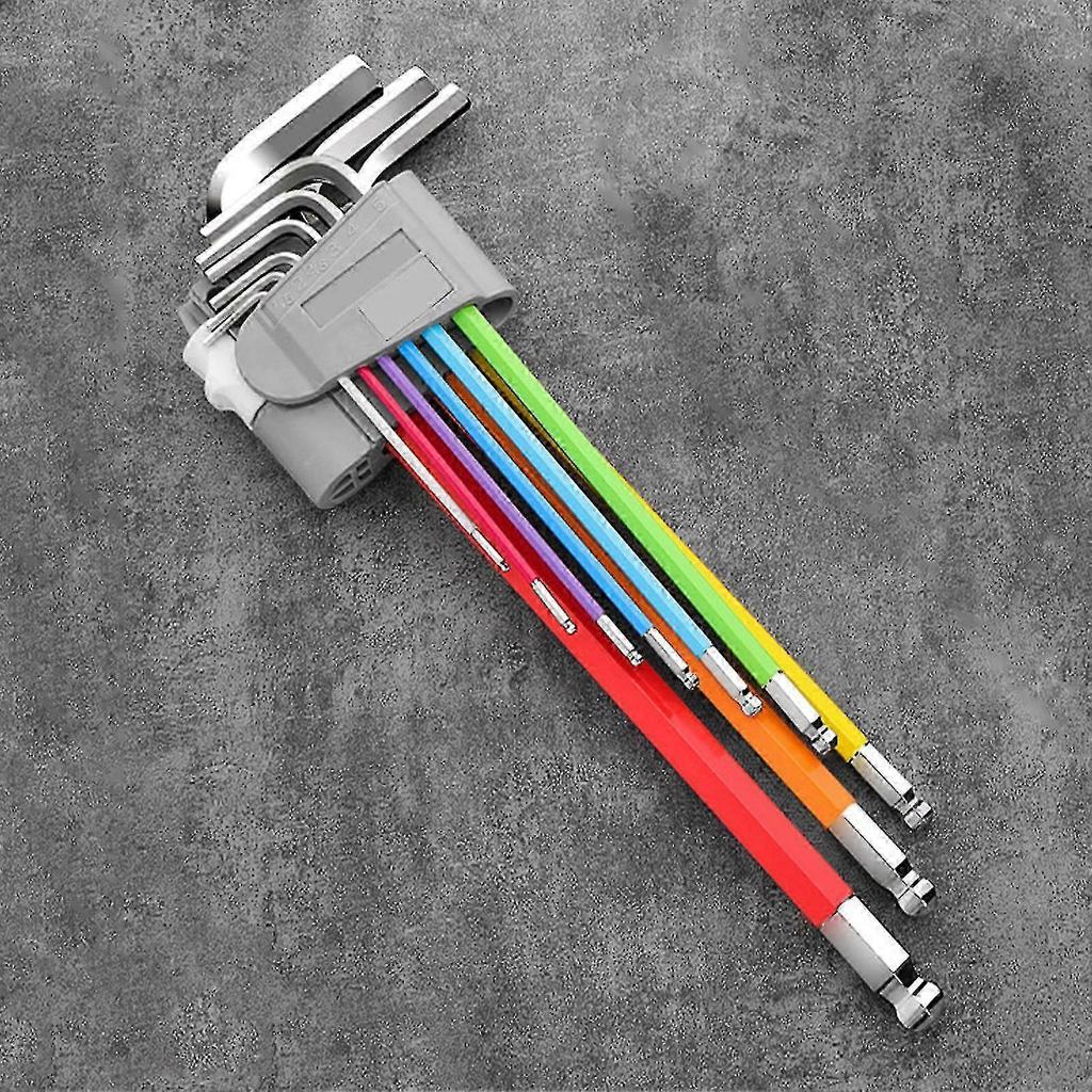 Premium hex wrench set, featuring multi-colored long-arm ball heads, T-handles, and chrome vanadium steel construction.