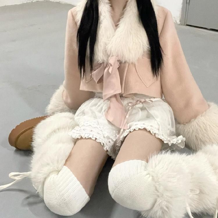 Dámské chlupaté bílé návleky na nohy Ponožky Harajuku Mašle s uzlem Kryty na legíny a boty