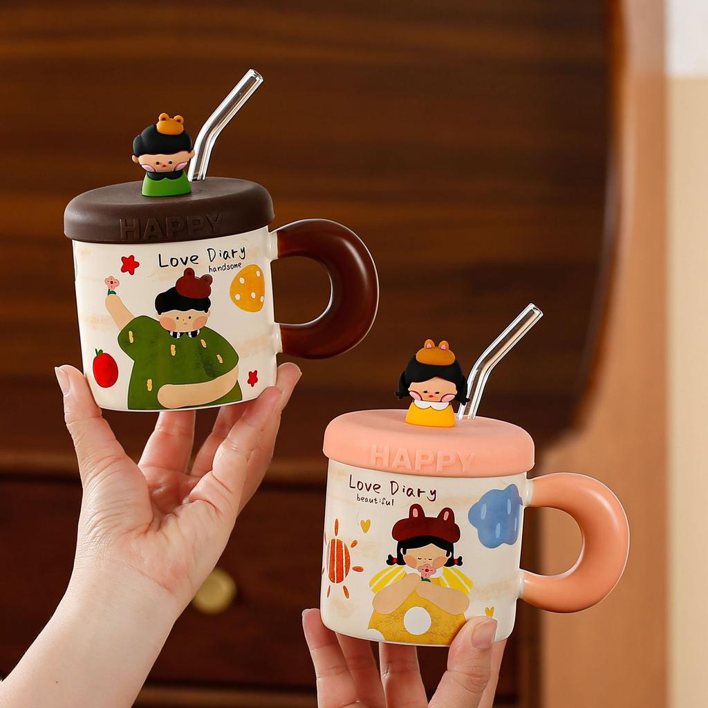 Cute and high-value retro ceramic water cup couple cup gift box with lid mug for boys and girls
