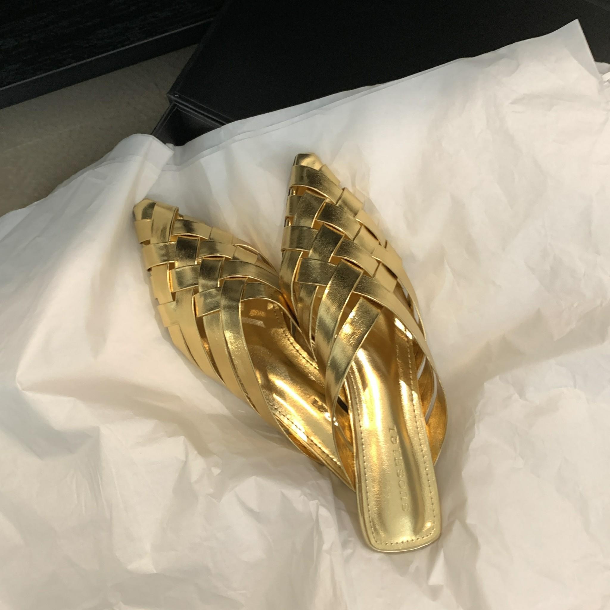 

Bailamos Summer Women Slipper Fashion Weave Pointed Toe Slip On Ladies Mules Shoes Flat Heel Sandal Shoes Dress Slides Mujer 35