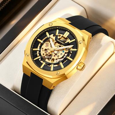 Skeleton Automatic Men Watches Octagonal Gold Case Transparent Back Cover Rubber Bracelet Waterproof Mechanical Wrist Watch