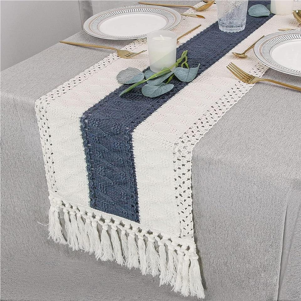 Boho Fall Table Runner Farmhouse Burlap Cotton Table Runner with Tassels Woven Macrame Home Living Room Table Decoration