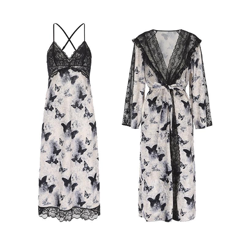 Sametový pyžamový set inspirovaný růžemi s vycpávkami na hrudi - Sexy noční košilka a župan