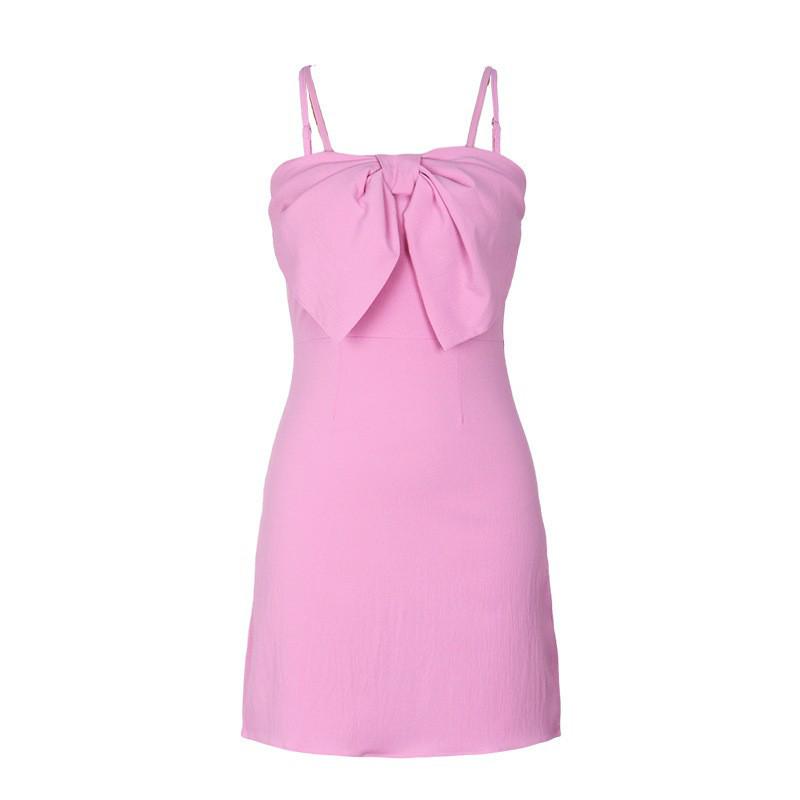 2026 Valentine's Day Pink Backless Bow Spaghetti Strap Dress for Women
