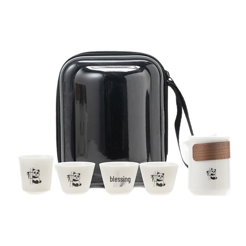 Premium Mutton Fat White Porcelain Panda Travel Tea Set - Portable Kung Fu Set with One Pot and Four Cups for Car, Outdoor, and Camping Use.