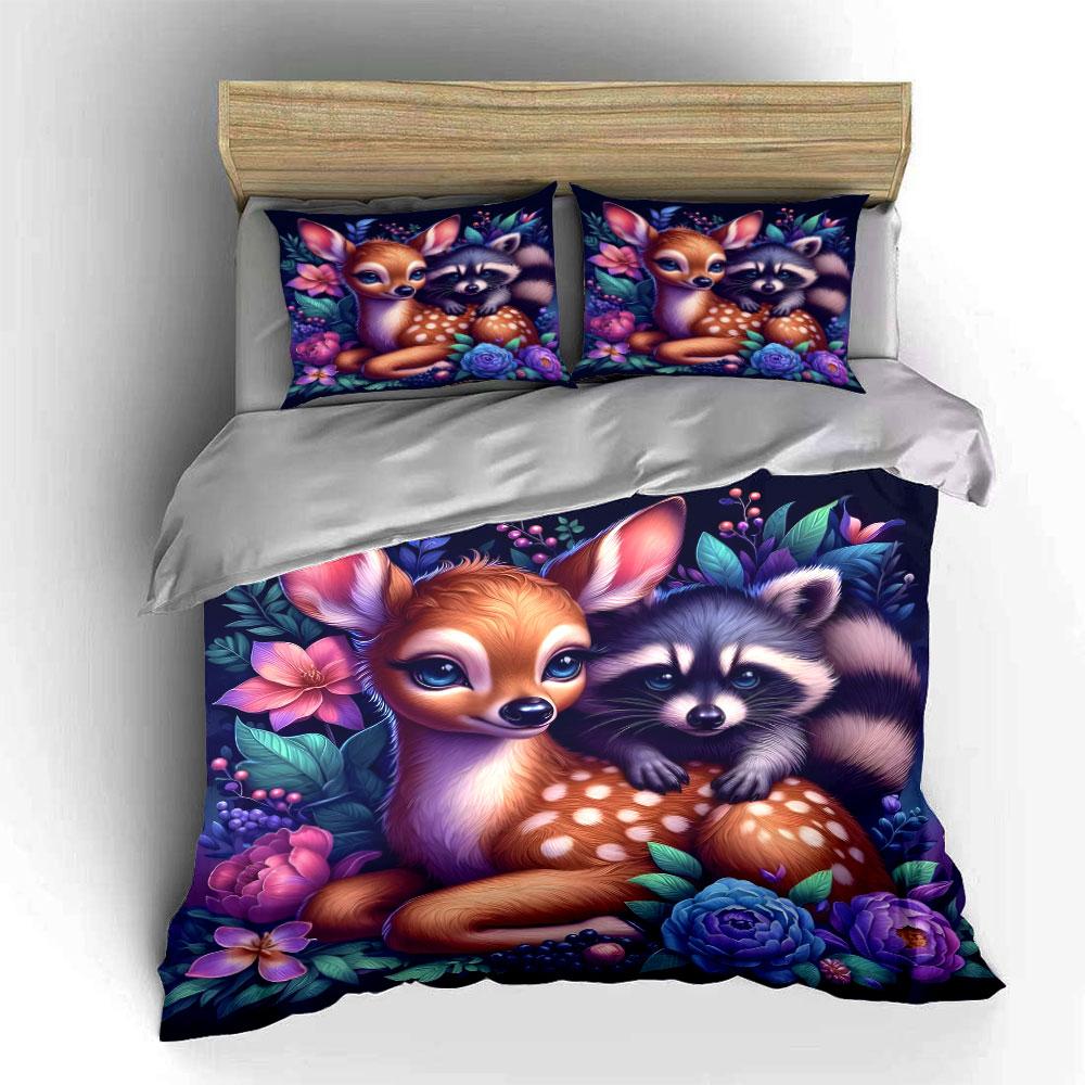 Enchanted Floral And Woodland Creatures Printed Duvet Cover Set1 Duvet Cover+2 Pillowcasemulti Size Bedroom Bedding Decor