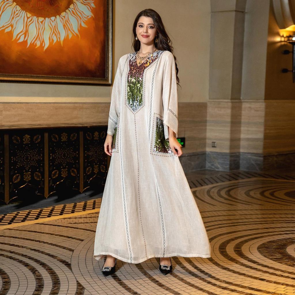 AB053 Dubai Beaded Sequin Jalabiya: Women's Embroidered Long Robe for Eid al-Fitr.