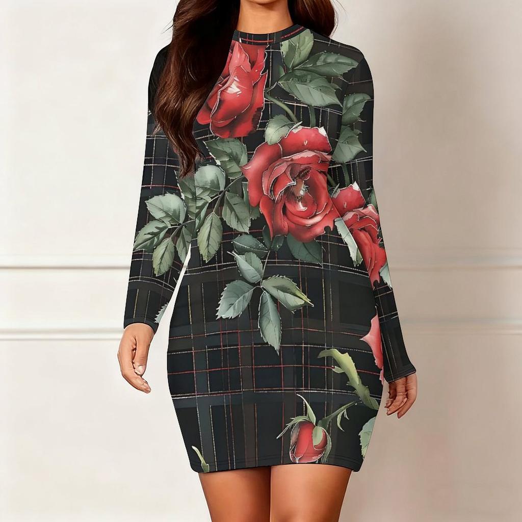 2025 Autumn and Winter New 3D Flower Print and Dyeing Women's Fashion Long-sleeved Round Neck Hip-wrapped Dress Valentine's Day Limited