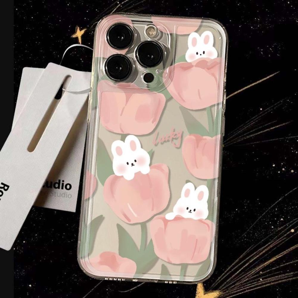 Pink Tulip Cartoon Rabbit  Phone Case for IPhone 16 17 Pro Max 15 14 13 12 11 Pro Max 16 15 14 Plus Transparent Shock Proof Case