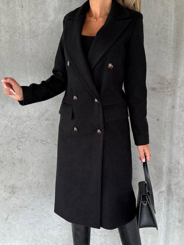 Women's Spring 2025 Versatile Woolen Double-Breasted Long Sleeve Coat with Welt Pockets