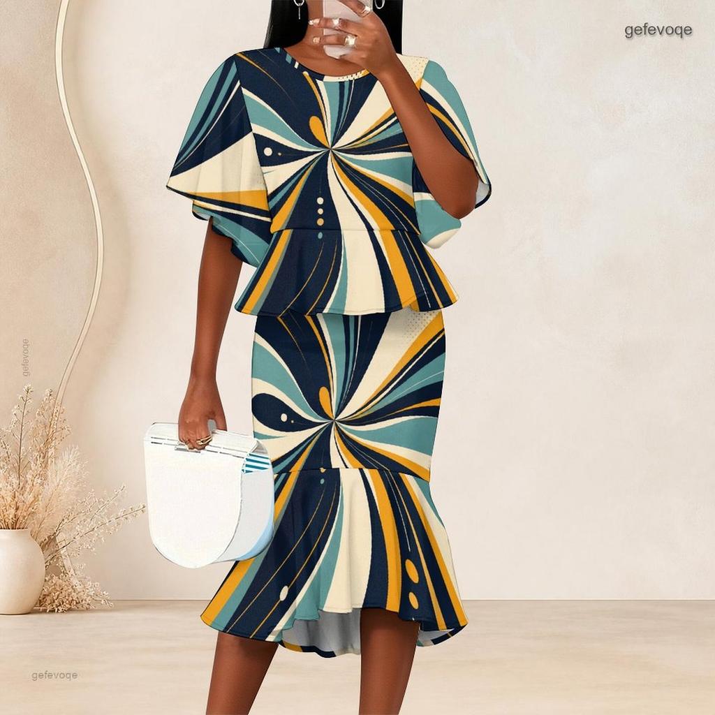 Women Plus Size Two Piece Skirt Set Round Neck Batwing Sleeve Printed Ruffle Hem Top Fishtail Skirt Red Black Gray