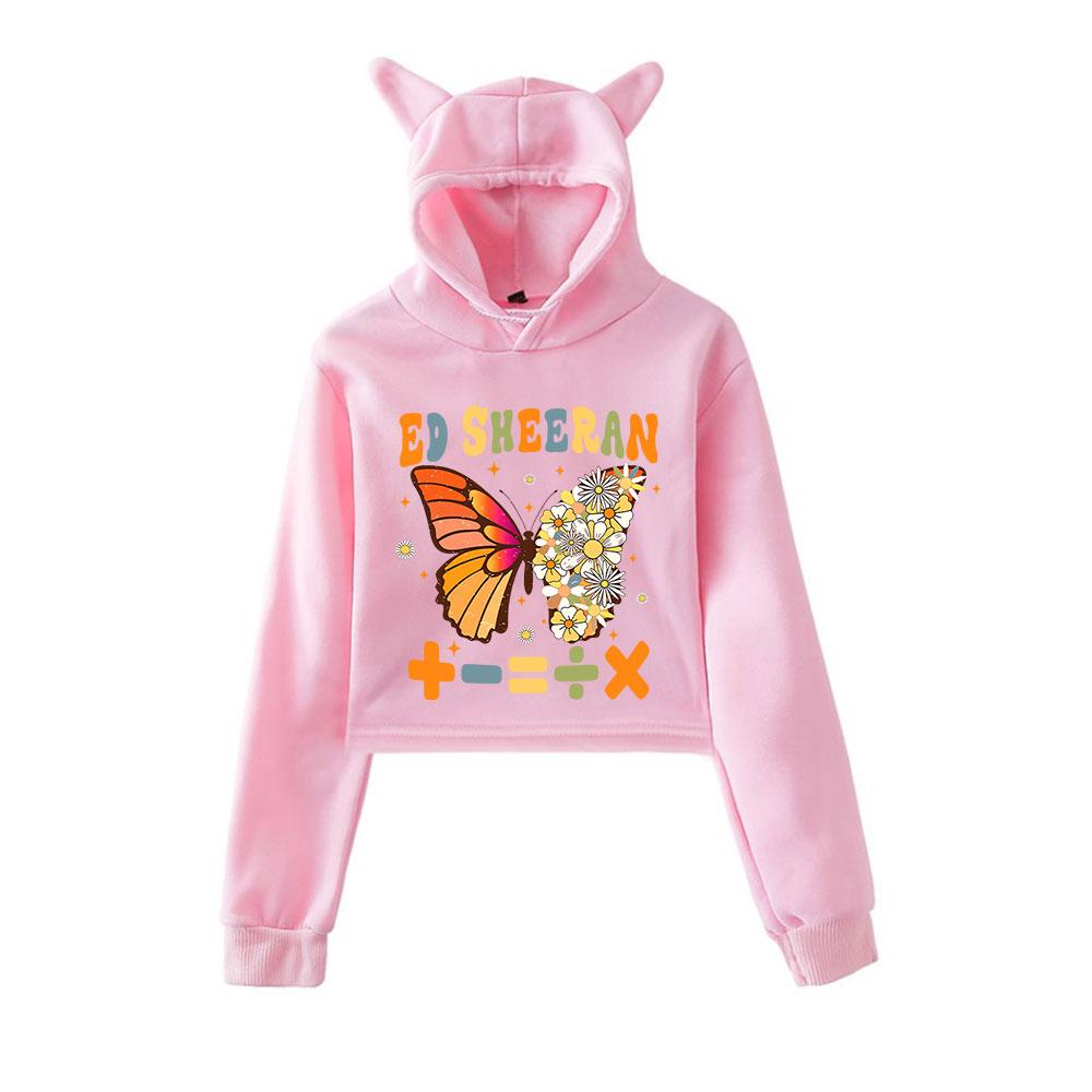 Modna bluza crop top z nadrukiem Eda Sheerana w stylu kawaii, zabawna bluza krótka z uszami kota, z kapturem, typu pulower, damska, streetwear