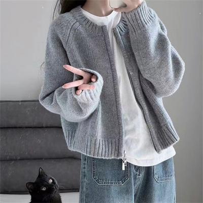 Solid Color Autumn Winter Short Sweater Jacket Women's Thick Zipper Long Sleeved Knitted Cardigan Top