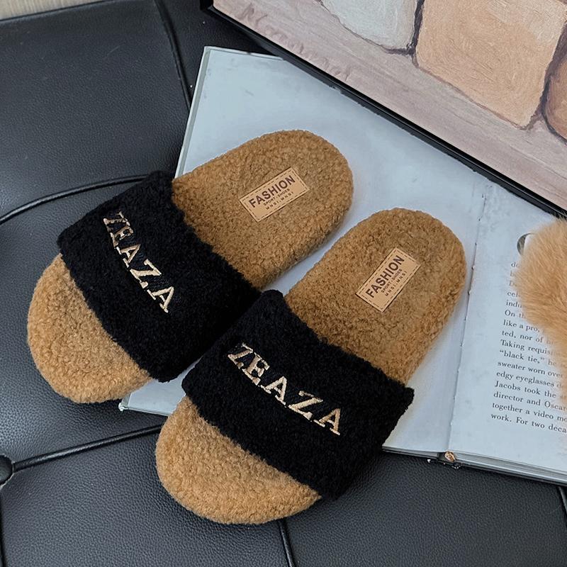 Fashion 2024 New Fluffy Plush Indoor Flat Heel Women Slippers Fashion Patchwork Warm Slides Leisure Embroider Letter Cotton Slippers