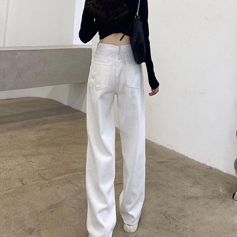 White Wide-Leg High-Waist Denim Pants for Petite Pear-Shaped Women - Loose, Plus Size, Floor-Length, Straight-Leg Design.