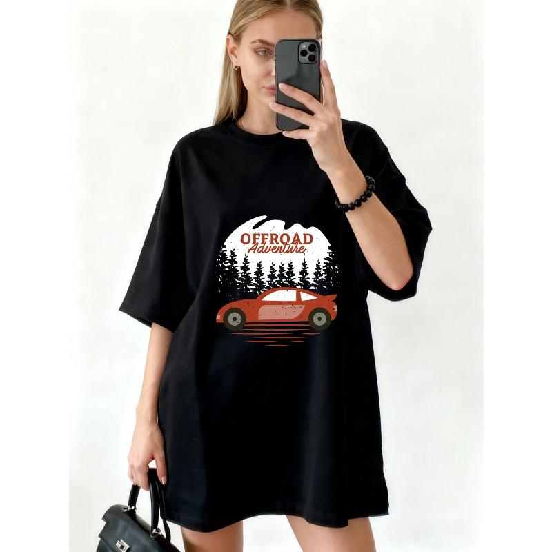 Oversized T Shirt Black Offroad Adventure Car And Pine Trees Print For Outdoor Activities