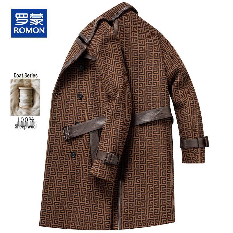 ROMON Men's Autumn/Winter 100% Wool Mid-Length Plaid Overcoat