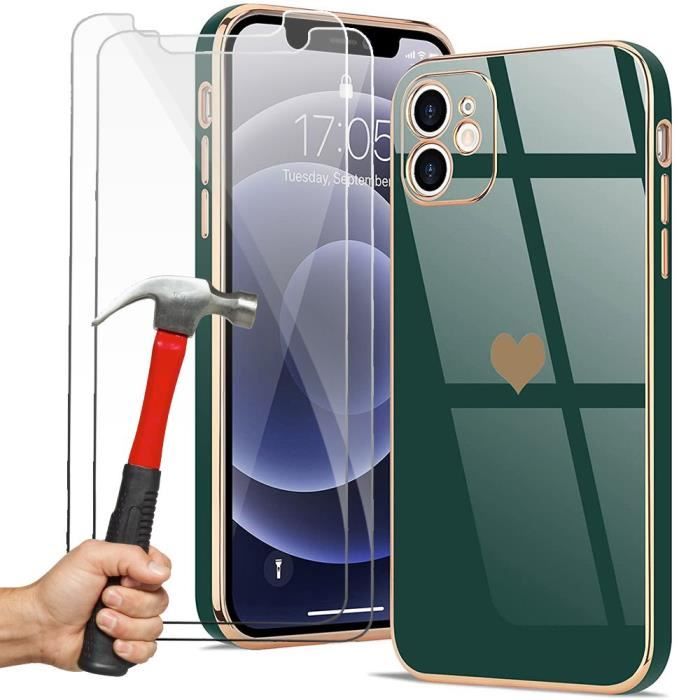 Coque de Protection - Luxe - iPhone 12 - Vert nuit - Motif coeur - Souple TPU