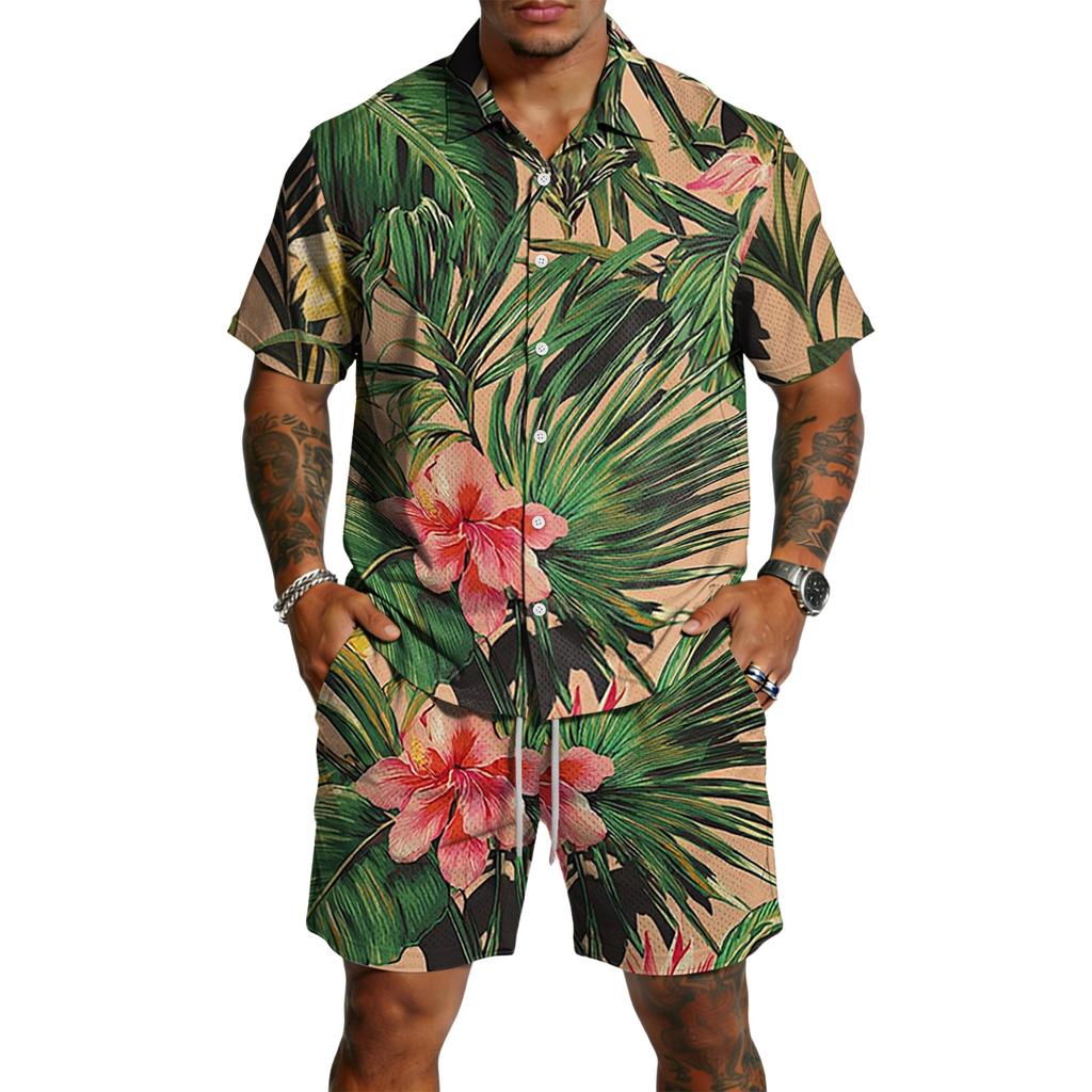 Men's Casual Print Matching Set - Lightweight Breathable Top and Drawstring Shorts 2-Piece Outfit for Summer