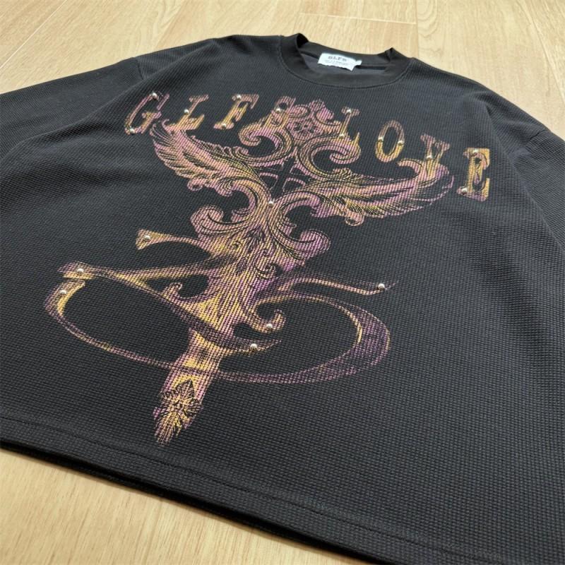 Mens Long Sleeve T-Shirt Cross Print Streetwear Loose Fit Dark Aesthetic Casual Top