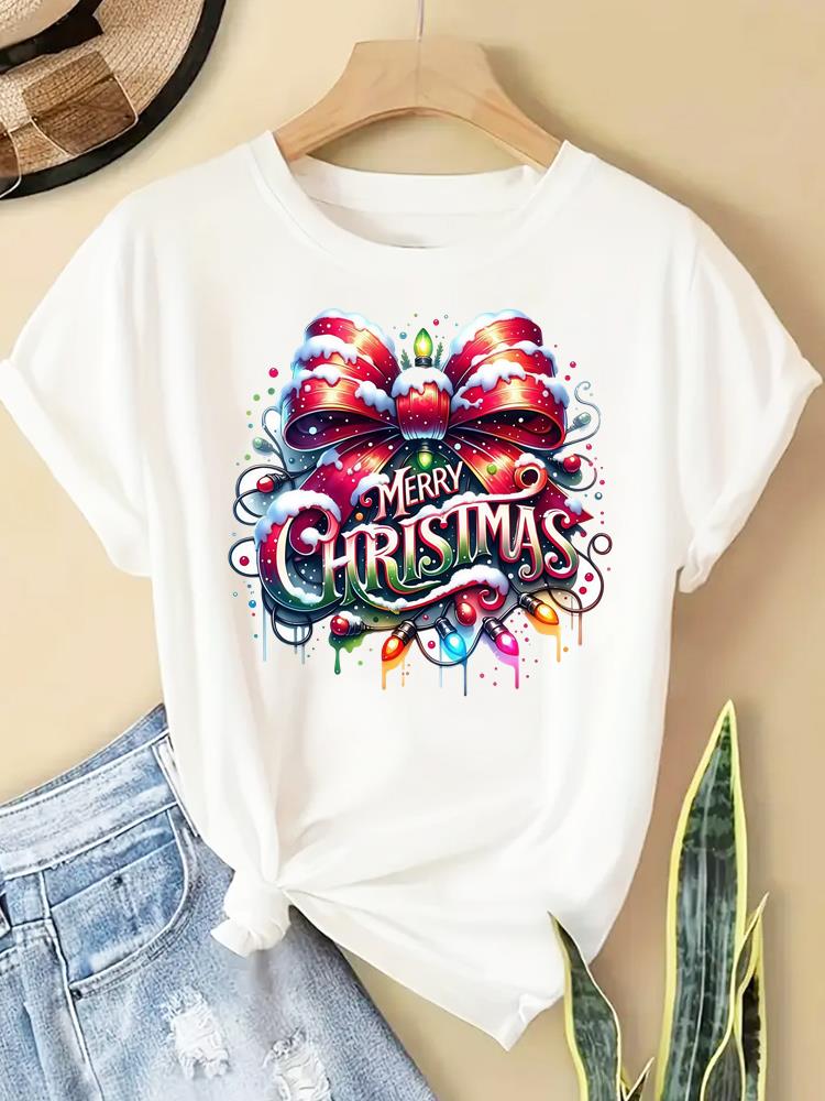 (Asian Size) New Year T Clothing Short Sleeve T-shirts  Print Merry Christmas Letter 90s Trend Cute O-neck Women's Top Fashion Holiday Graphic Tee