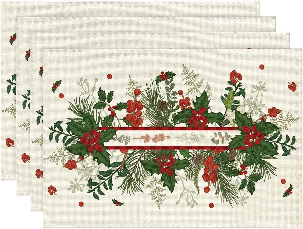 

Leaves Holly Christmas Placemats Set of 4, 12x18 Inch Seasonal Winter Table Mats for Party Kitchen Dining Decoration 4pcs