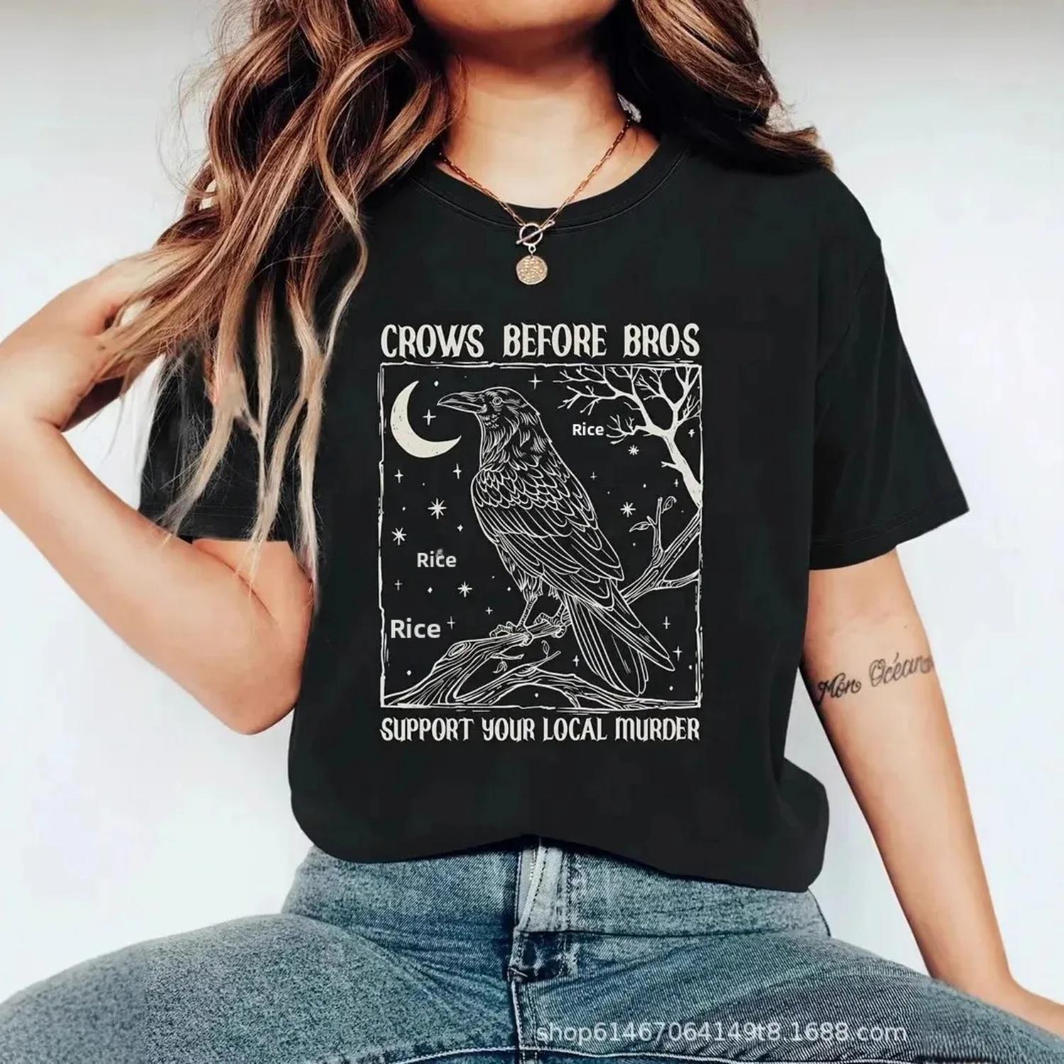 

Loose round Neck Short Sleeve T-Shirt Crow Print Cotton Summer Top Women s Fashion Casual Wear Comfortable Fit Tee S чёрный