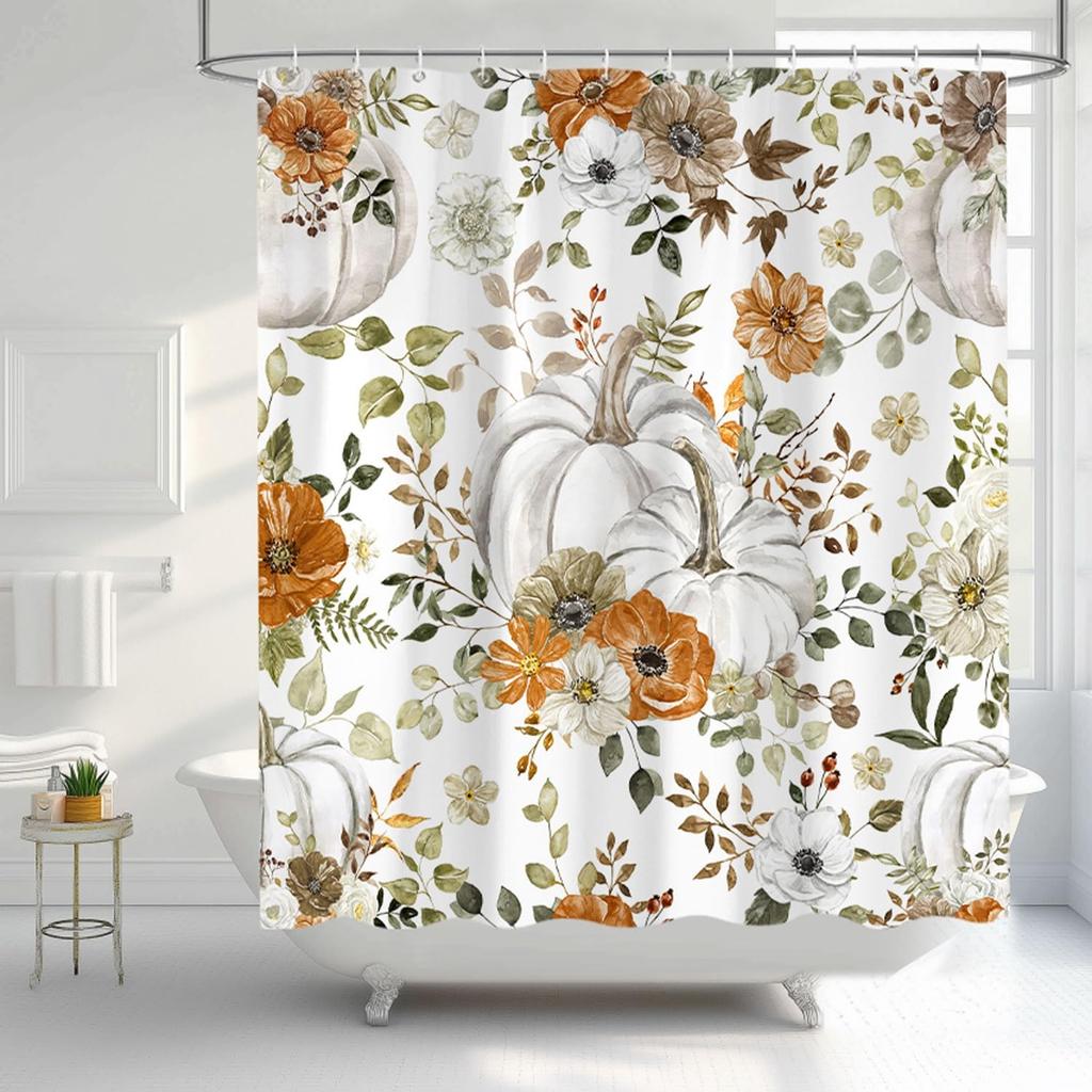 Fall Pumpkin Maple Leaf Shower Curtain, Autumn Thanksgiving Harvest Orange Pumpkin Design Bath Curta for Bathroom, Watercolor Floral Decor Waterproof