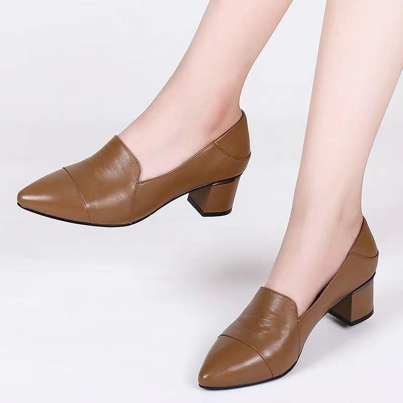 2025 spring and autumn new high heels women's middle heel single shoes soft leather shallow mouth soft leather pointed thick heel