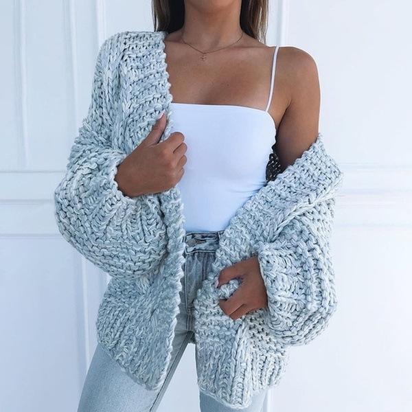 Women's Oversized Lamb Wool Knit Cardigan with Drop Shoulder